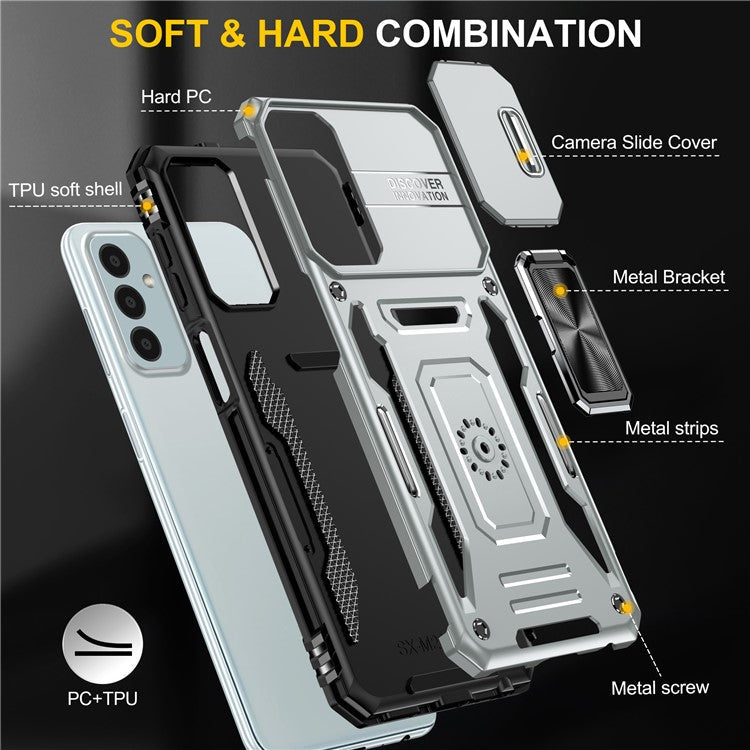 Armor Series for Samsung Galaxy M23 5G / F23 5G / M13 4G PC + TPU Anti-Scratch Phone Case Slide Camera Protection Kickstand Shockproof Cover - Grey