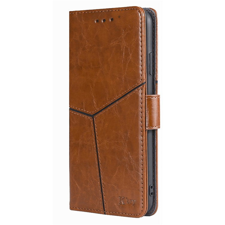For Samsung Galaxy S23 Ultra Geometric Splicing Phone Case PU Leather Stand Wallet Full Protection Folio Flip Cover - Light Brown