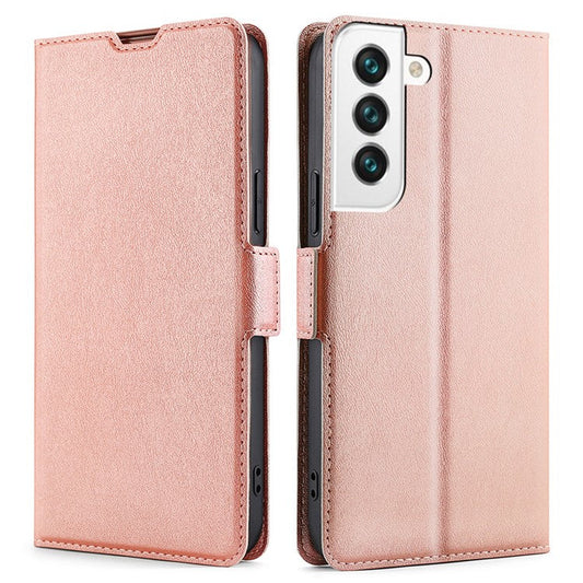 For Samsung Galaxy S23+ PU Leather Stand Card Holder Phone Case TPU Interior Shell Flip Dual Magnetic Clasp Protective Cover - Rose Gold