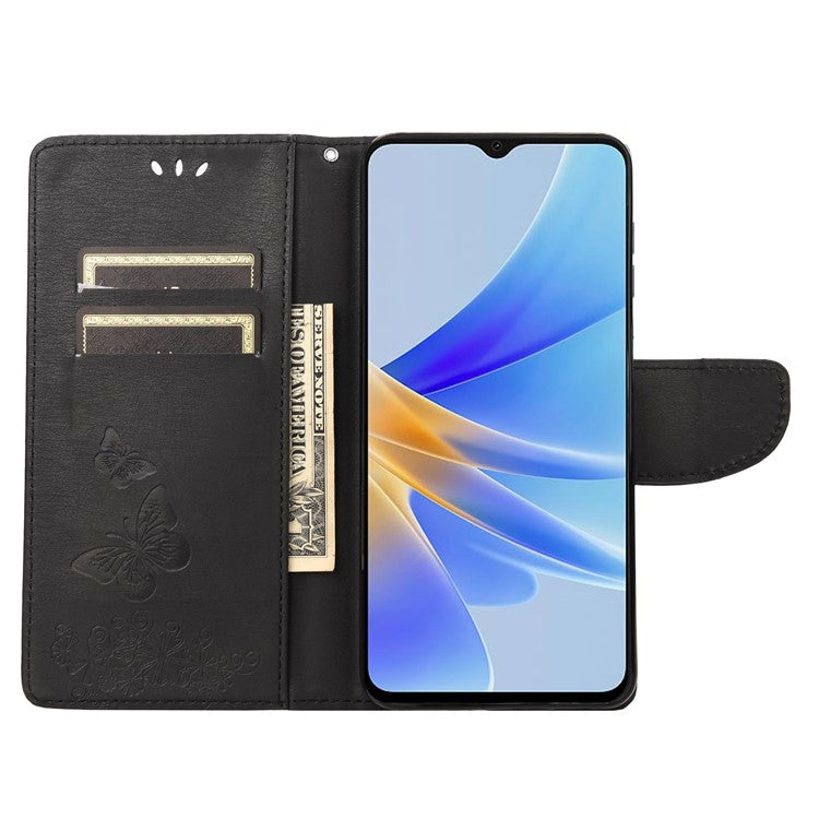 Mobile Phone Case for Oppo A17 4G / A17k 4G Wallet Phone Case Butterflies Flower Imprinting PU Leather Flip Folio Phone Cover with Stand - Black