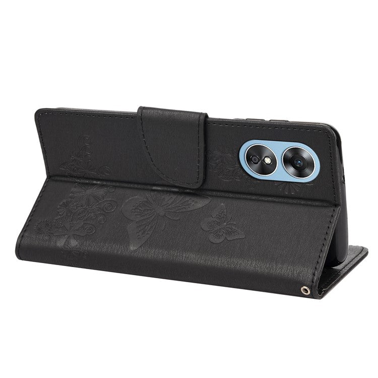 Mobile Phone Case for Oppo A17 4G / A17k 4G Wallet Phone Case Butterflies Flower Imprinting PU Leather Flip Folio Phone Cover with Stand - Black