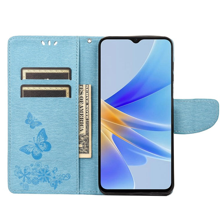 Mobile Phone Case for Oppo A17 4G / A17k 4G Wallet Phone Case Butterflies Flower Imprinting PU Leather Flip Folio Phone Cover with Stand - Blue