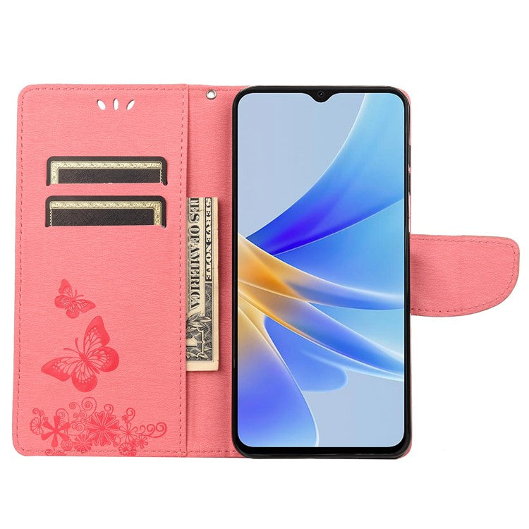 Mobile Phone Case for Oppo A17 4G / A17k 4G Wallet Phone Case Butterflies Flower Imprinting PU Leather Flip Folio Phone Cover with Stand - Pink