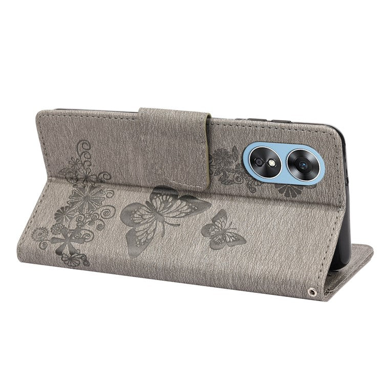 Mobile Phone Case for Oppo A17 4G / A17k 4G Wallet Phone Case Butterflies Flower Imprinting PU Leather Flip Folio Phone Cover with Stand - Grey