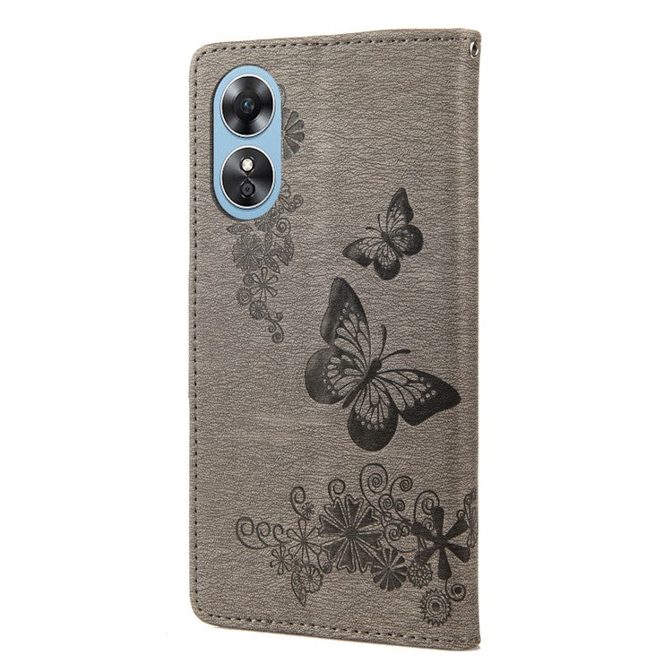 Mobile Phone Case for Oppo A17 4G / A17k 4G Wallet Phone Case Butterflies Flower Imprinting PU Leather Flip Folio Phone Cover with Stand - Grey
