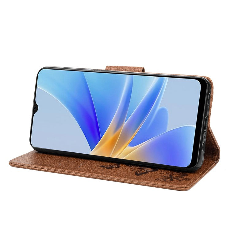 Mobile Phone Case for Oppo A17 4G / A17k 4G Wallet Phone Case Butterflies Flower Imprinting PU Leather Flip Folio Phone Cover with Stand - Brown