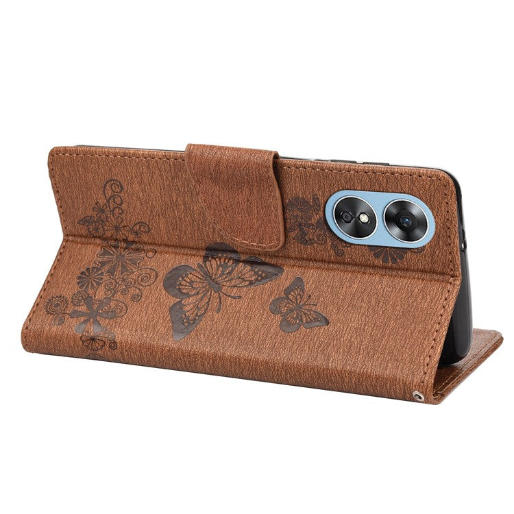 Mobile Phone Case for Oppo A17 4G / A17k 4G Wallet Phone Case Butterflies Flower Imprinting PU Leather Flip Folio Phone Cover with Stand - Brown