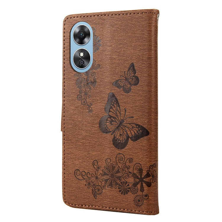 Mobile Phone Case for Oppo A17 4G / A17k 4G Wallet Phone Case Butterflies Flower Imprinting PU Leather Flip Folio Phone Cover with Stand - Brown