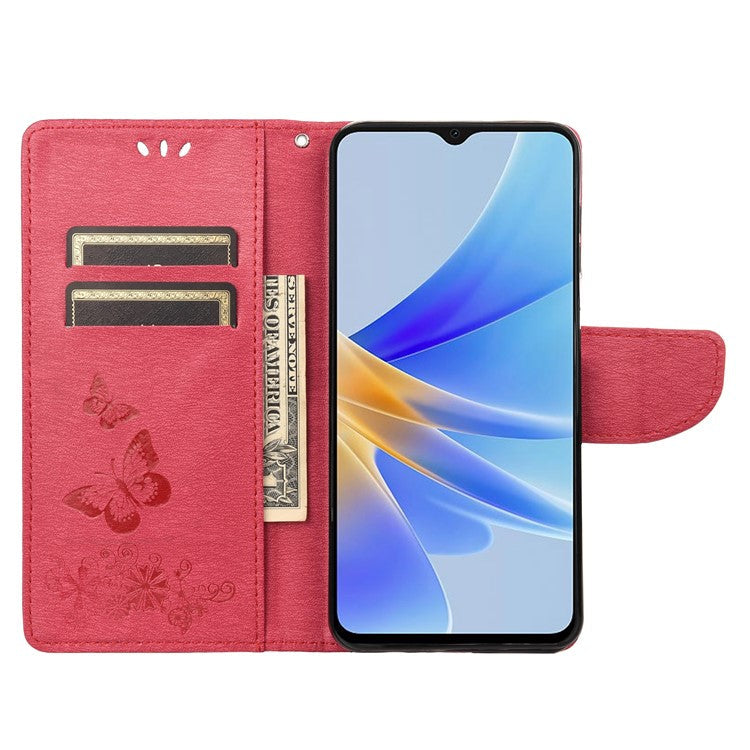 Mobile Phone Case for Oppo A17 4G / A17k 4G Wallet Phone Case Butterflies Flower Imprinting PU Leather Flip Folio Phone Cover with Stand - Red
