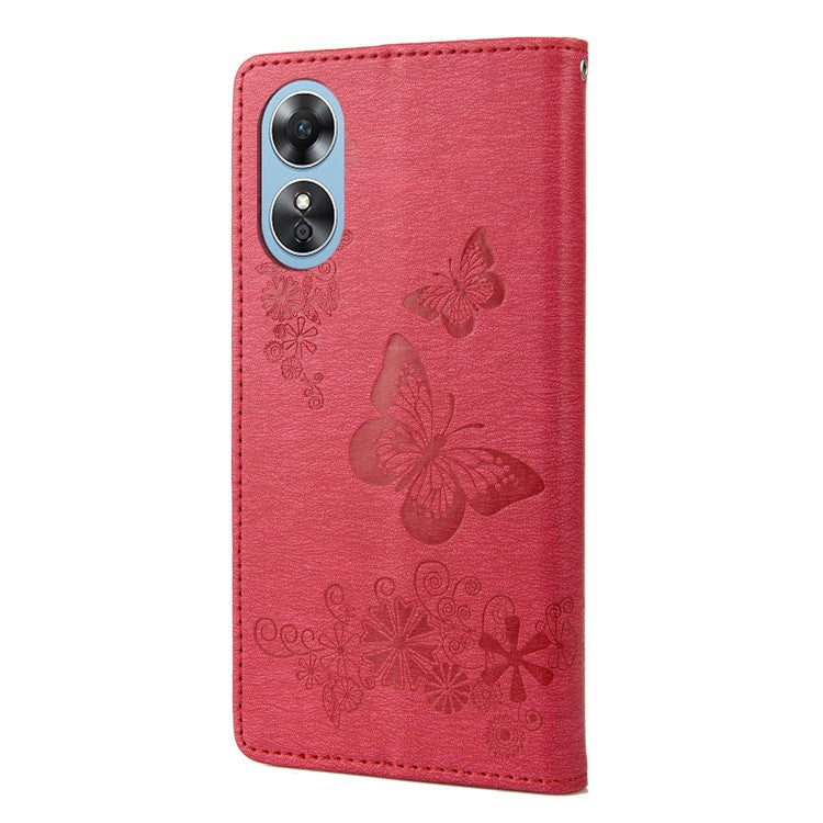 Mobile Phone Case for Oppo A17 4G / A17k 4G Wallet Phone Case Butterflies Flower Imprinting PU Leather Flip Folio Phone Cover with Stand - Red