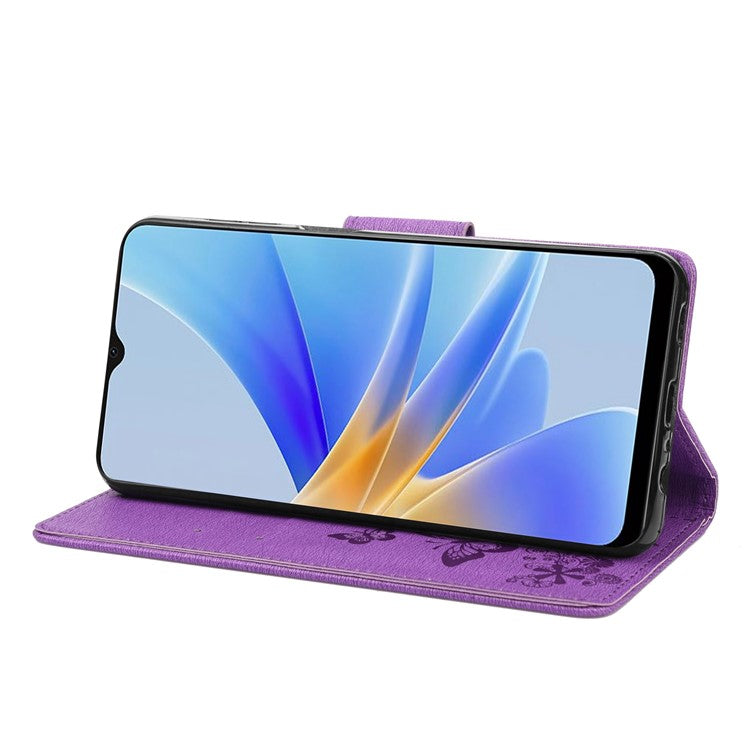 Mobile Phone Case for Oppo A17 4G / A17k 4G Wallet Phone Case Butterflies Flower Imprinting PU Leather Flip Folio Phone Cover with Stand - Purple
