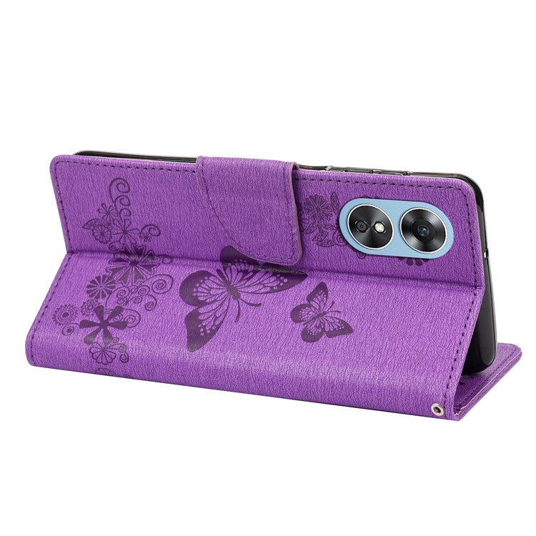 Mobile Phone Case for Oppo A17 4G / A17k 4G Wallet Phone Case Butterflies Flower Imprinting PU Leather Flip Folio Phone Cover with Stand - Purple