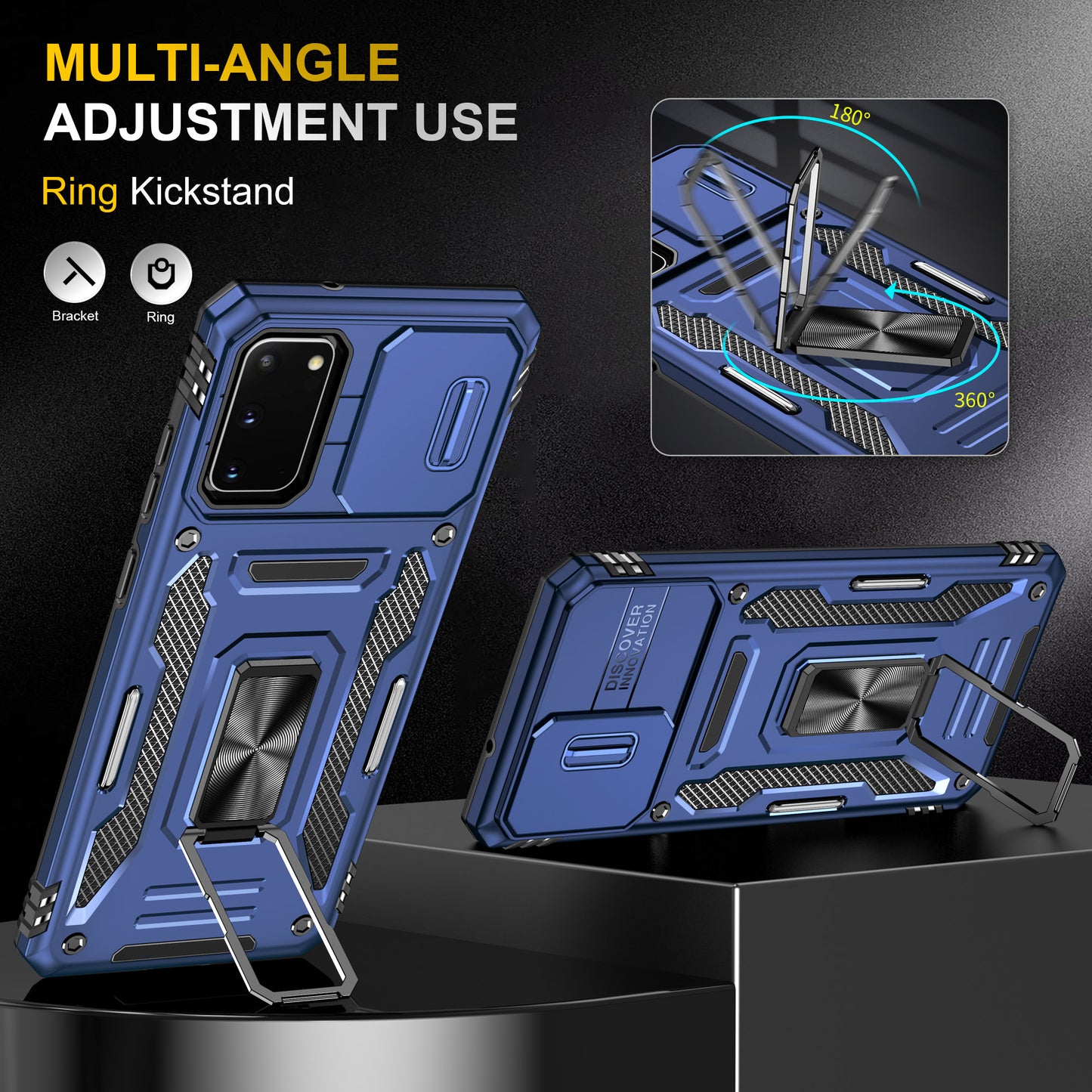 Armor Series for  Samsung Galaxy S20 4G / 5G Kickstand PC + TPU Hybrid Cover Anti-collision Protective Phone Case with Slide Camera Protector - Navy Blue