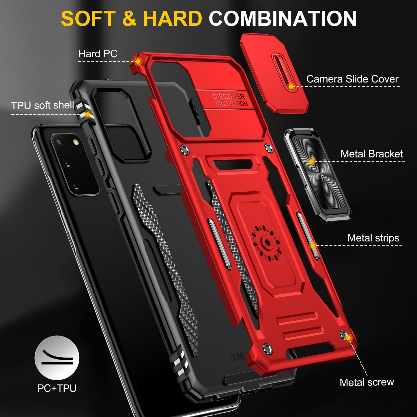 Armor Series for  Samsung Galaxy S20 4G / 5G Kickstand PC + TPU Hybrid Cover Anti-collision Protective Phone Case with Slide Camera Protector - Red