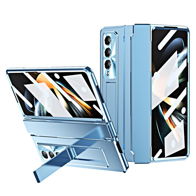 For Samsung Galaxy Z Fold4 5G Folding Phone Cover Kickstand Design PC Case with Lens Film and Screen Film - Blue
