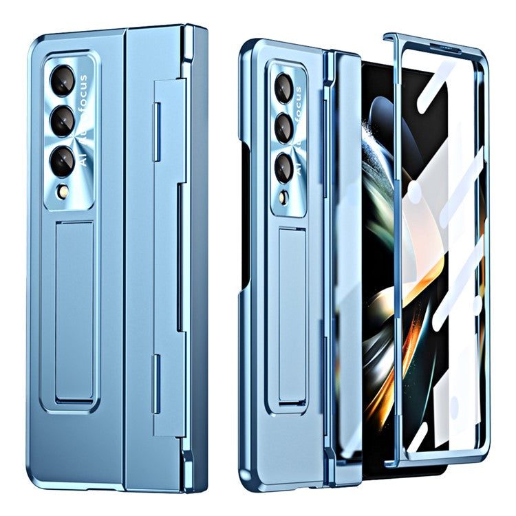 For Samsung Galaxy Z Fold4 5G Folding Phone Cover Kickstand Design PC Case with Lens Film and Screen Film - Blue