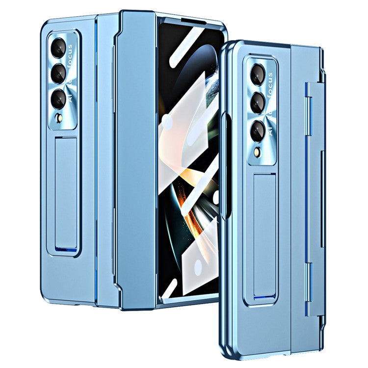 For Samsung Galaxy Z Fold4 5G Folding Phone Cover Kickstand Design PC Case with Lens Film and Screen Film - Blue