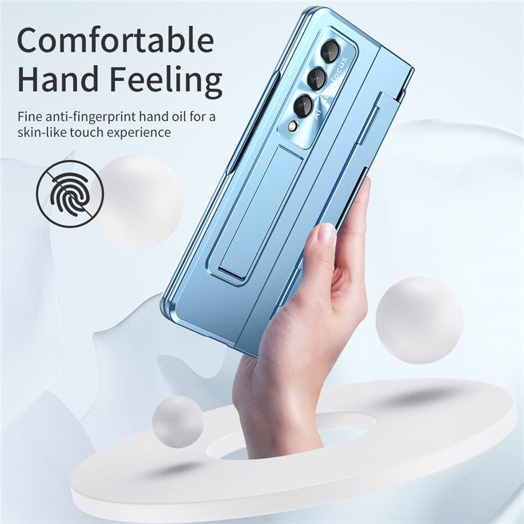 For Samsung Galaxy Z Fold4 5G Folding Phone Cover Kickstand Design PC Case with Lens Film and Screen Film - Blue