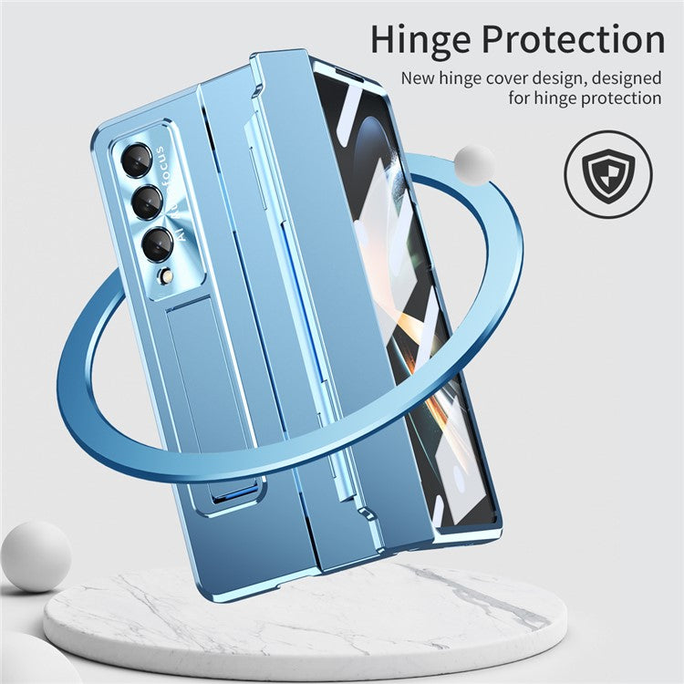 For Samsung Galaxy Z Fold4 5G Folding Phone Cover Kickstand Design PC Case with Lens Film and Screen Film - Blue