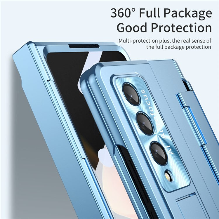For Samsung Galaxy Z Fold4 5G Folding Phone Cover Kickstand Design PC Case with Lens Film and Screen Film - Blue