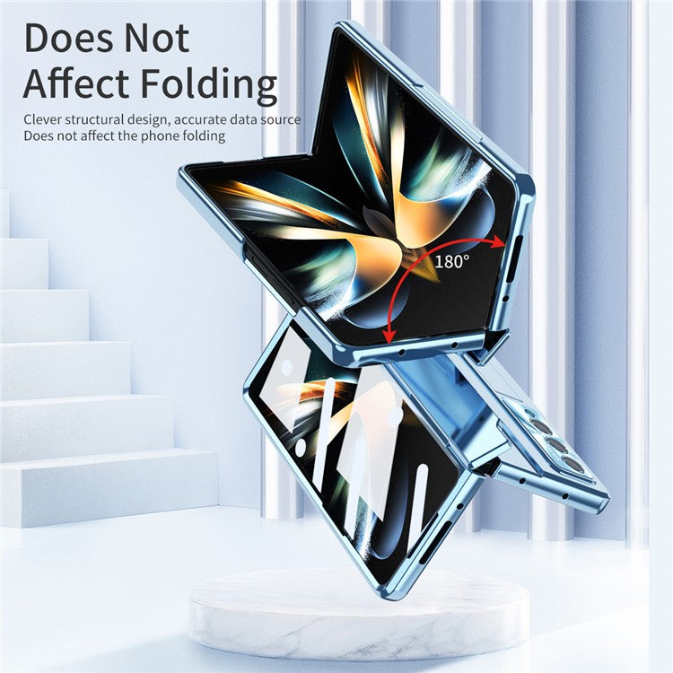 For Samsung Galaxy Z Fold4 5G Folding Phone Cover Kickstand Design PC Case with Lens Film and Screen Film - Blue