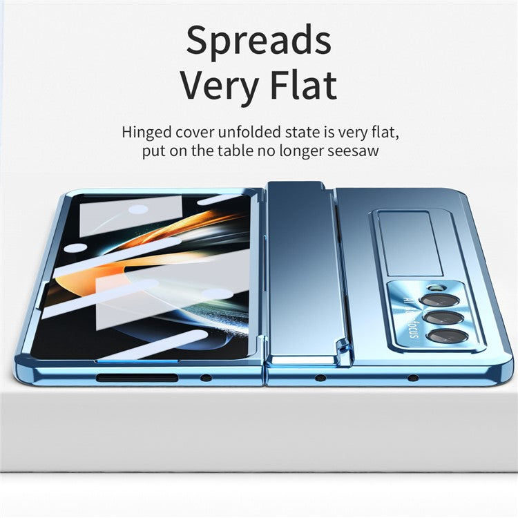 For Samsung Galaxy Z Fold4 5G Folding Phone Cover Kickstand Design PC Case with Lens Film and Screen Film - Blue