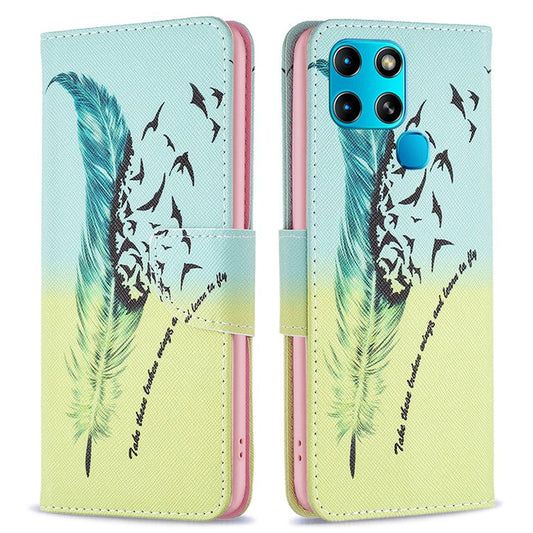 For Infinix Smart 6 / X6511B PU Leather Phone Wallet Case Magnetic Closure Pattern Flip Stand Phone Cover - Feather