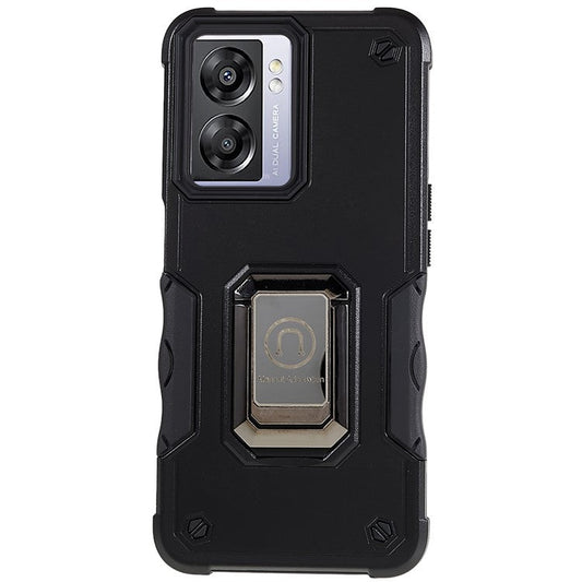 For Oppo A57 4G / A57s 4G / A57e 4G / A77 4G / A77 5G / A57 (2022) 5G / Realme Q5i / V23 5G / OnePlus Nord N20 SE 4G / Nord N300 5G PC+TPU Phone Case Ring Holder Kickstand Cover - Black
