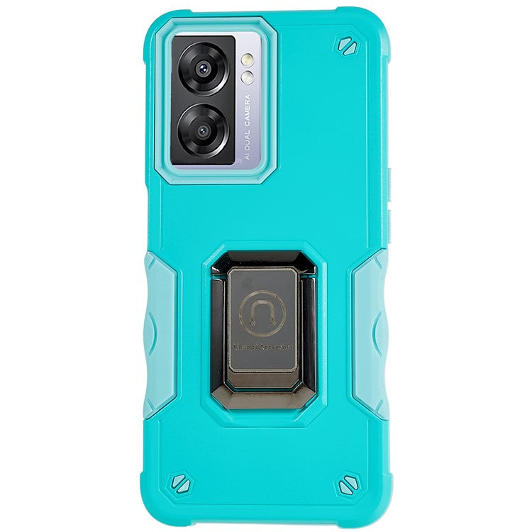 For Oppo A57 4G/A57s 4G/A57e 4G/A77 4G/A77 5G/A57 (2022) 5G/Realme Q5i/V23 5G/OnePlus Nord N20 SE 4G/Nord N300 5G PC+TPU Phone Case Ring Holder Kickstand Cover - Mint Green