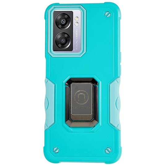 For Oppo A57 4G/A57s 4G/A57e 4G/A77 4G/A77 5G/A57 (2022) 5G/Realme Q5i/V23 5G/OnePlus Nord N20 SE 4G/Nord N300 5G PC+TPU Phone Case Ring Holder Kickstand Cover - Mint Green