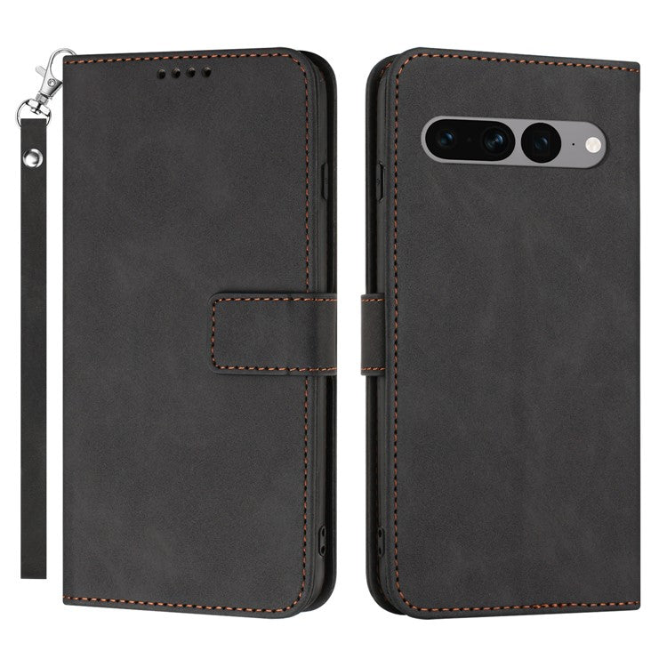 For Google Pixel 7 Pro 5G Wallet Phone Stand Cover Magnetic Clasp PU Leather Stand Cell Phone Case with Strap - Black