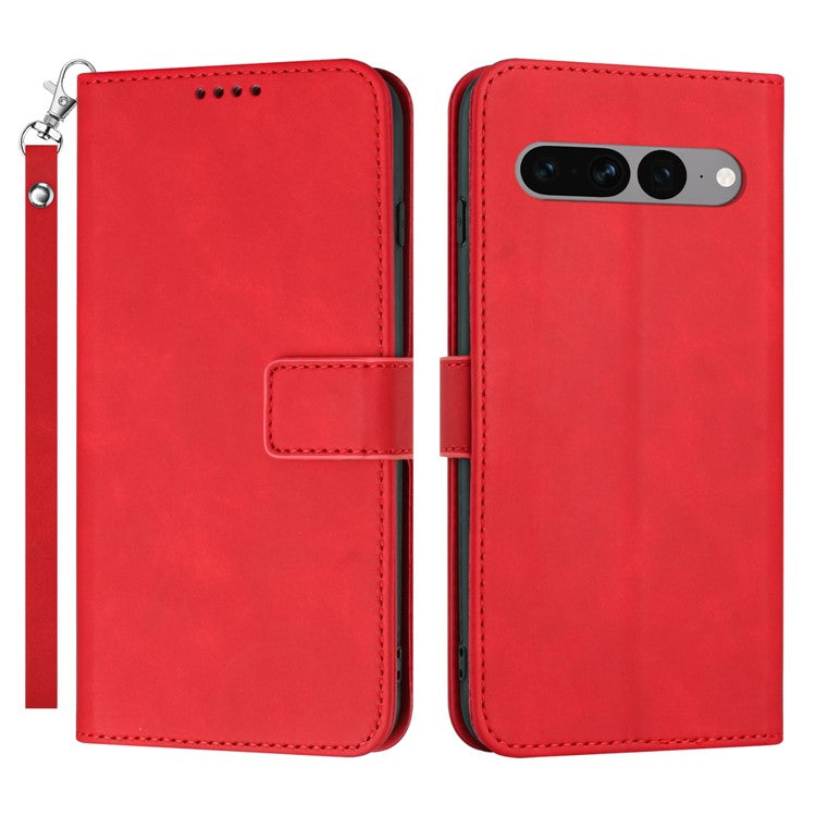 For Google Pixel 7 Pro 5G Wallet Phone Stand Cover Magnetic Clasp PU Leather Stand Cell Phone Case with Strap - Red