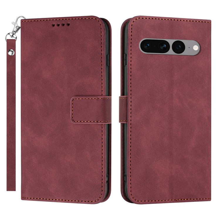 For Google Pixel 7 Pro 5G Wallet Phone Stand Cover Magnetic Clasp PU Leather Stand Cell Phone Case with Strap - Wine Red