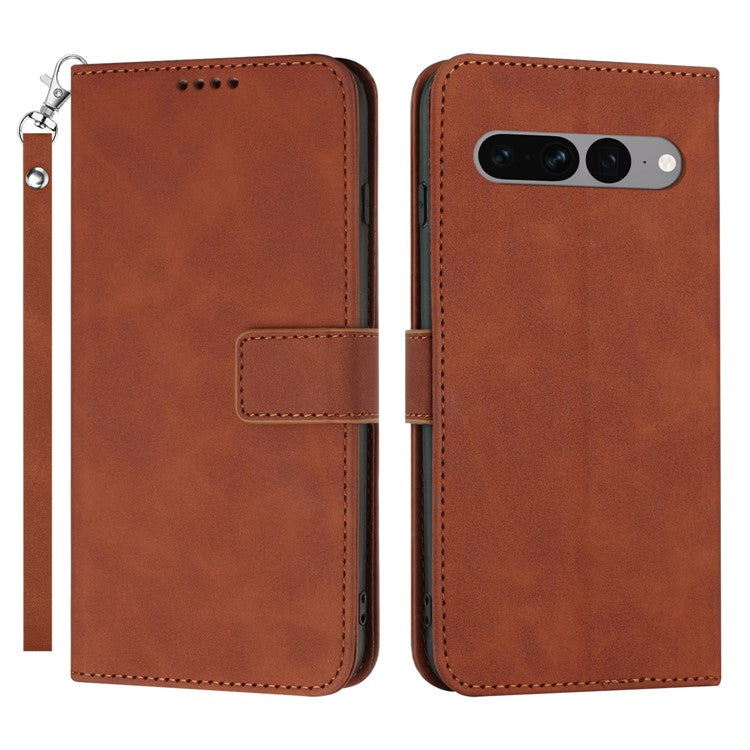 For Google Pixel 7 Pro 5G Wallet Phone Stand Cover Magnetic Clasp PU Leather Stand Cell Phone Case with Strap - Brown
