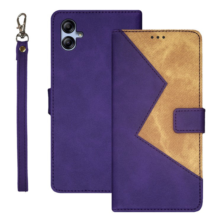 IDEWEI For Samsung Galaxy A04e 4G / F04 4G / M04 4G Card Slots Color Splicing Leather Magnetic Phone Case with Wrist Strap - Purple