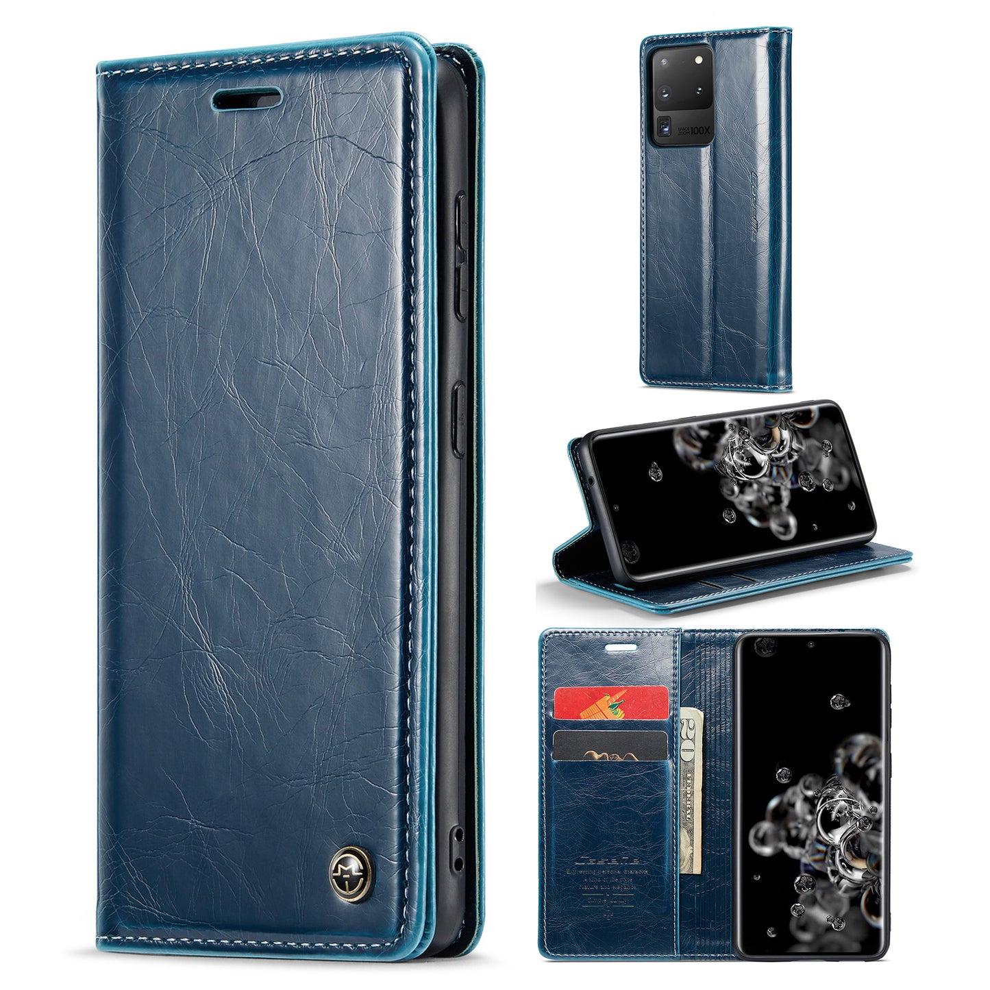 CASEME 003 Series For Samsung Galaxy S20 Ultra PU Leather Wallet Stand Case Waxy Texture Auto Closing Magnetic Phone Cover - Blue