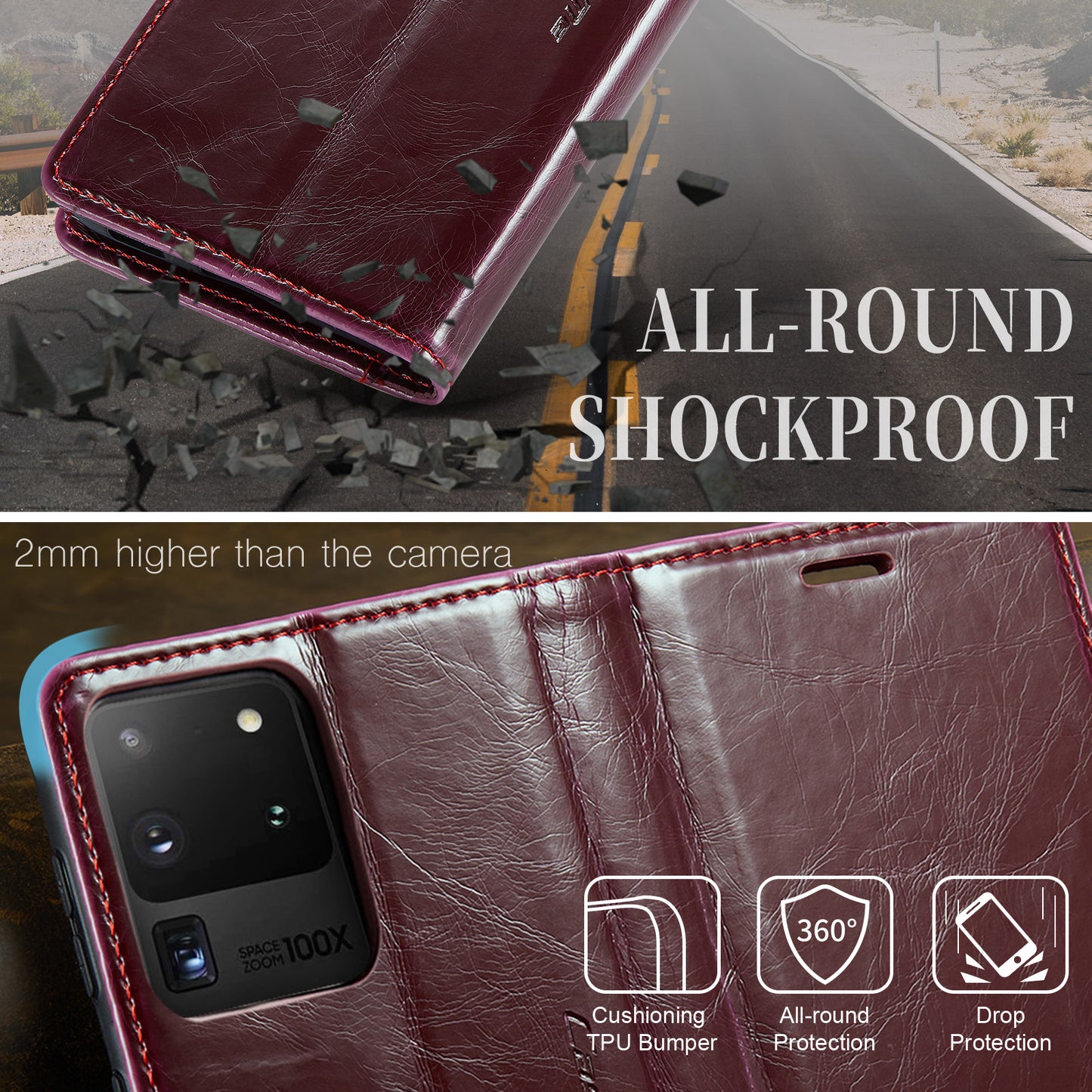 CASEME 003 Series For Samsung Galaxy S20 Ultra PU Leather Wallet Stand Case Waxy Texture Auto Closing Magnetic Phone Cover - Red