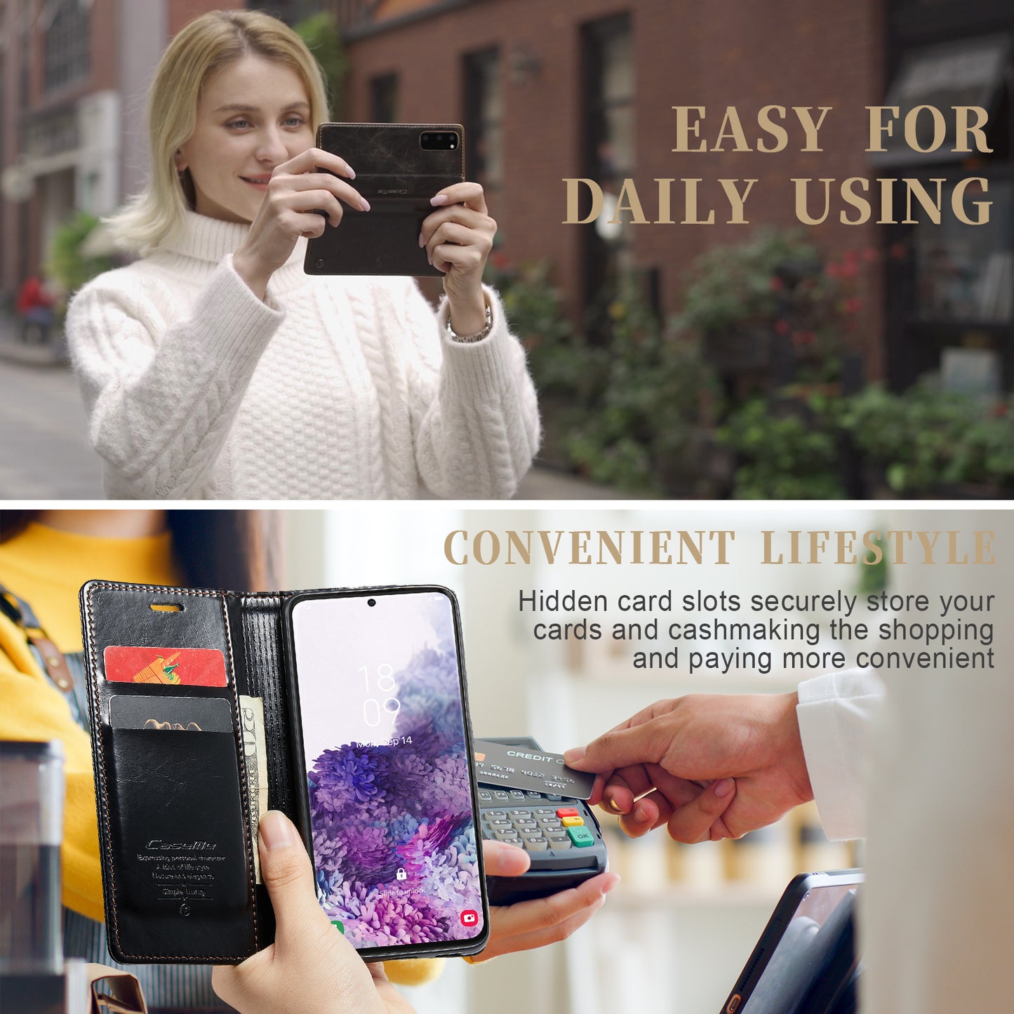 CASEME 003 Series For Samsung Galaxy S20 4G / 5G Waxy Texture Magnetic Auto-absorbed PU Leather Case Wallet Stand Phone Cover - Black