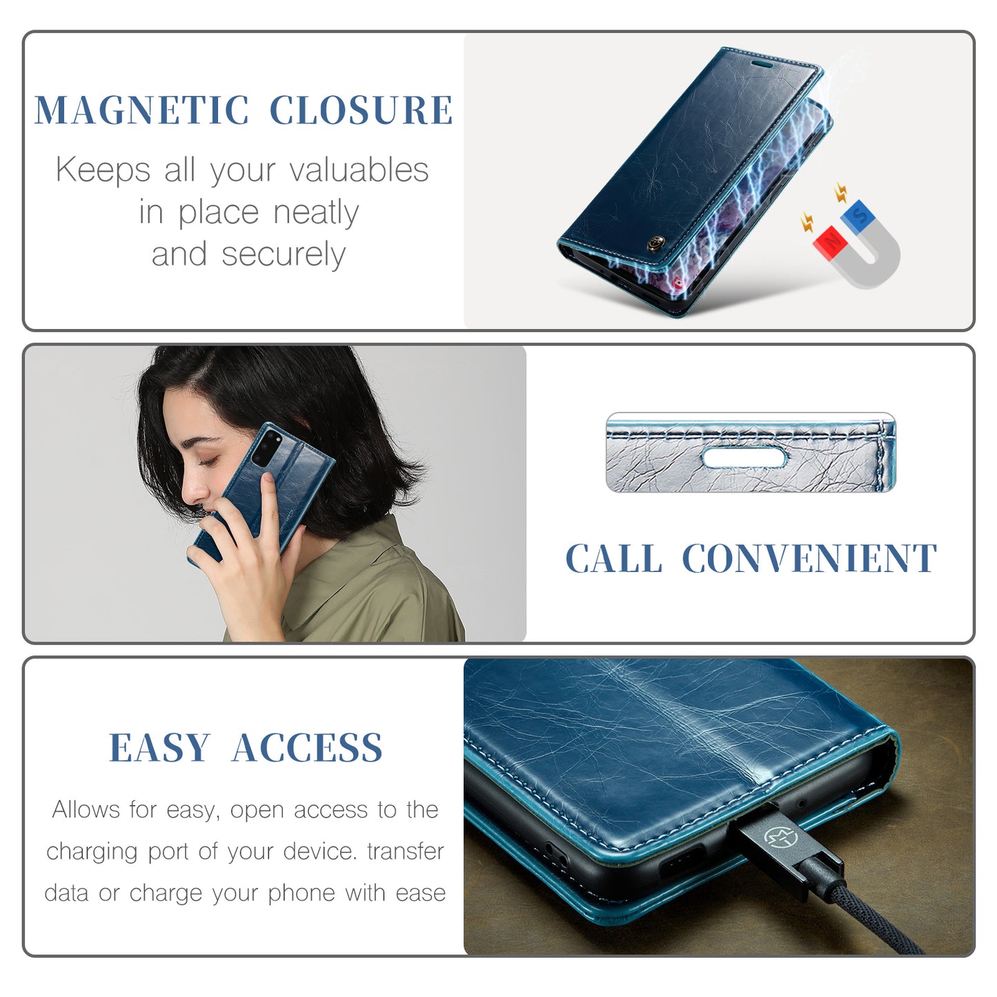 CASEME 003 Series For Samsung Galaxy S20 4G / 5G Waxy Texture Magnetic Auto-absorbed PU Leather Case Wallet Stand Phone Cover - Blue