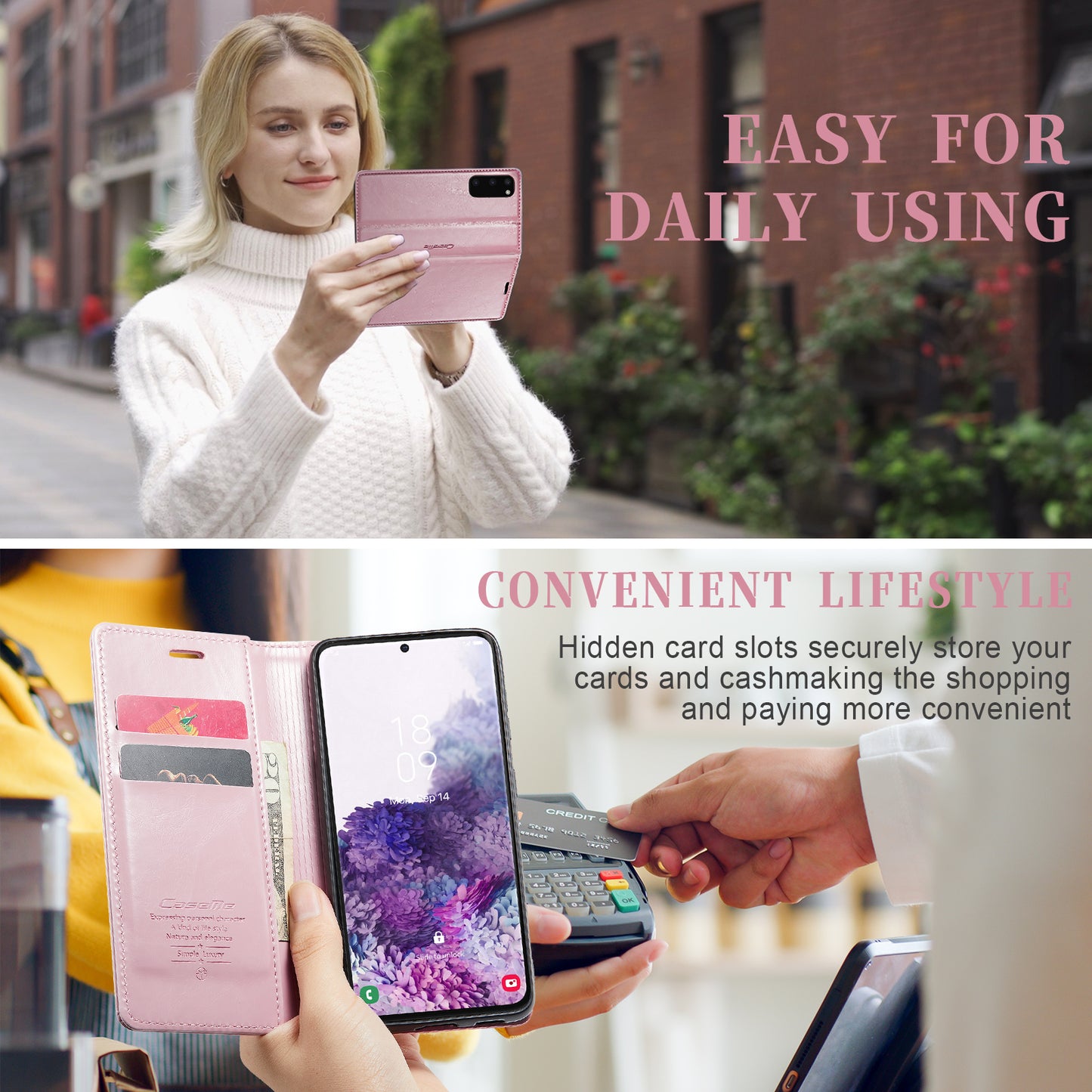 CASEME 003 Series For Samsung Galaxy S20 4G / 5G Waxy Texture Magnetic Auto-absorbed PU Leather Case Wallet Stand Phone Cover - Pink