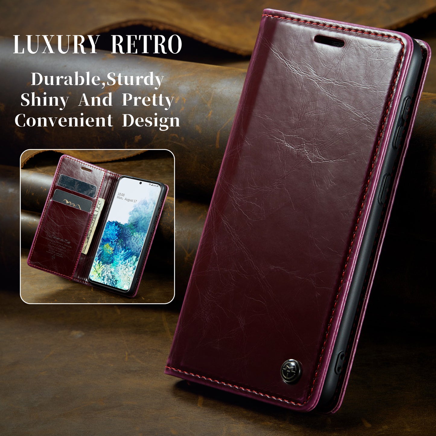 CASEME 003 Series Anti-drop PU Leather Phone Case For Samsung Galaxy S20 Plus 4G / 5G Waxy Texture Magnetic Auto-absorbed Wallet Stand Phone Cover - Red