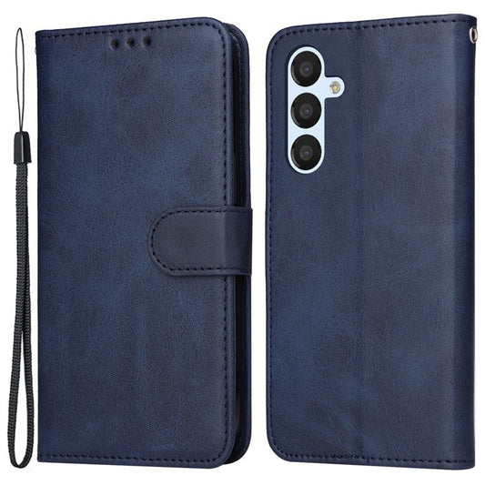For Samsung Galaxy A54 5G PU Leather Wallet Shockproof Phone Cover Anti-scratch Classic Calf Texture Phone Stand Case with Wrist Strap - Blue