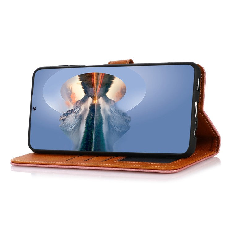 KHAZNEH Shockproof Case for Oppo A1 Pro 5G / Reno8 T 5G Cowhide Texture PU Leather Phone Case Anti-Drop Wallet Cover with Gold Buckle / Stand - Rose Gold