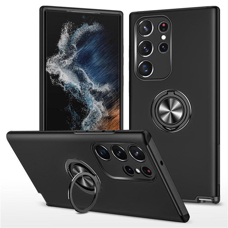 For Samsung Galaxy S23 Ultra Rotation Ring Kickstand Anti-fall Case Hard PC+Soft TPU Dual Layer Protection Phone Cover - Black