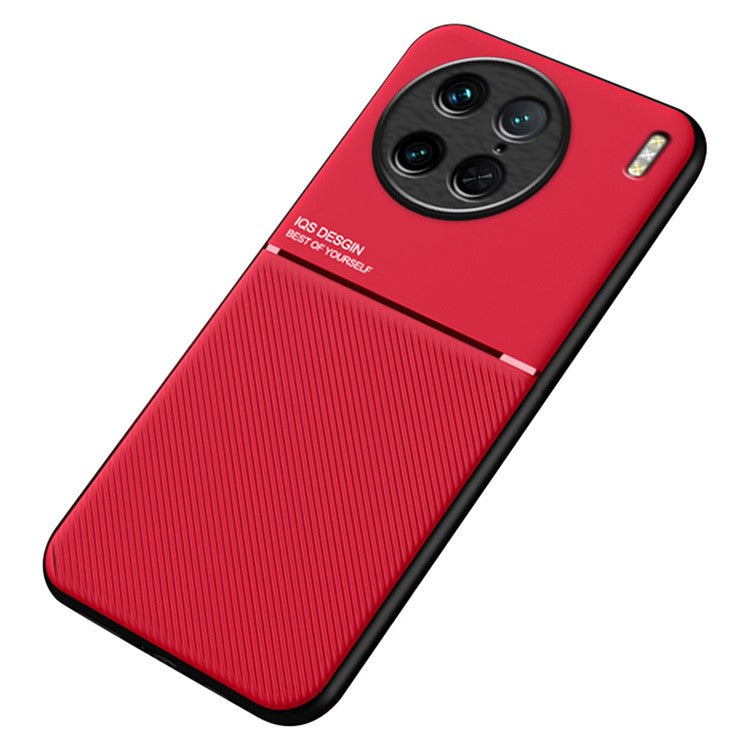 For vivo X90 Pro 5G Lines Imprinted Phone Case Anti-drop PU Leather+TPU Back Cover with Car Mount Metal Sheet - Red