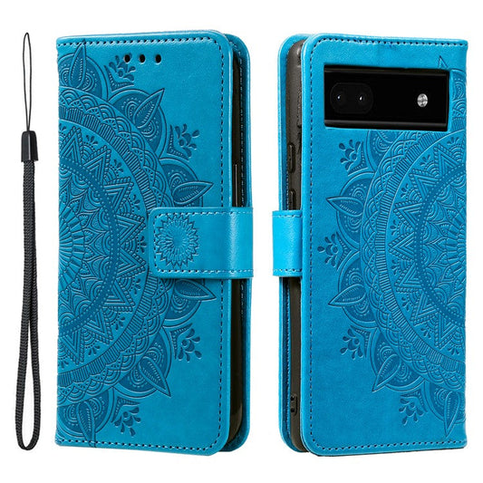 For Google Pixel 7a Imprinted Mandala Flower Phone Case PU Leather Wallet Stand Magnetic Clasp Cover with Strap - Blue