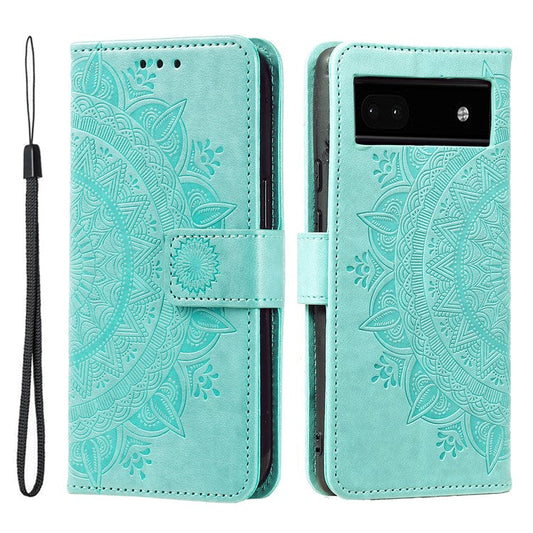 For Google Pixel 7a Imprinted Mandala Flower Phone Case PU Leather Wallet Stand Magnetic Clasp Cover with Strap - Green