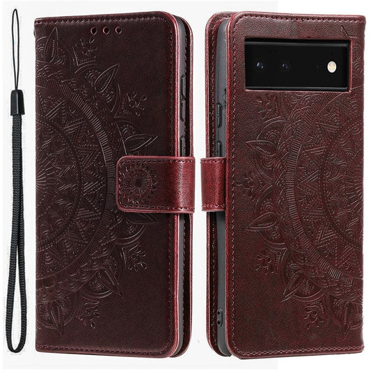 For Google Pixel 7a Imprinted Mandala Flower Phone Case PU Leather Wallet Stand Magnetic Clasp Cover with Strap - Brown