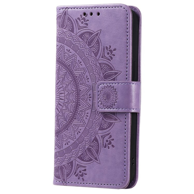 For Google Pixel 7a Imprinted Mandala Flower Phone Case PU Leather Wallet Stand Magnetic Clasp Cover with Strap - Purple