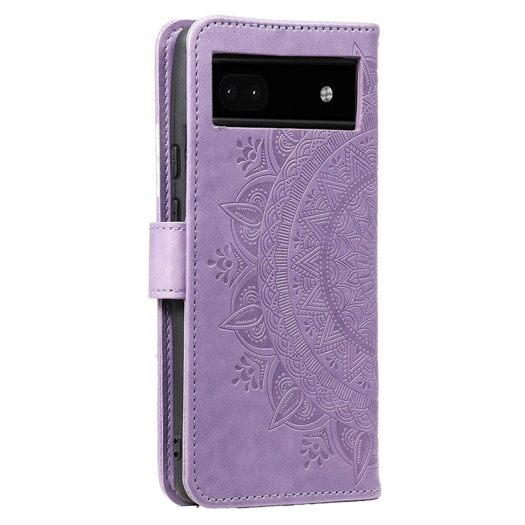 For Google Pixel 7a Imprinted Mandala Flower Phone Case PU Leather Wallet Stand Magnetic Clasp Cover with Strap - Purple